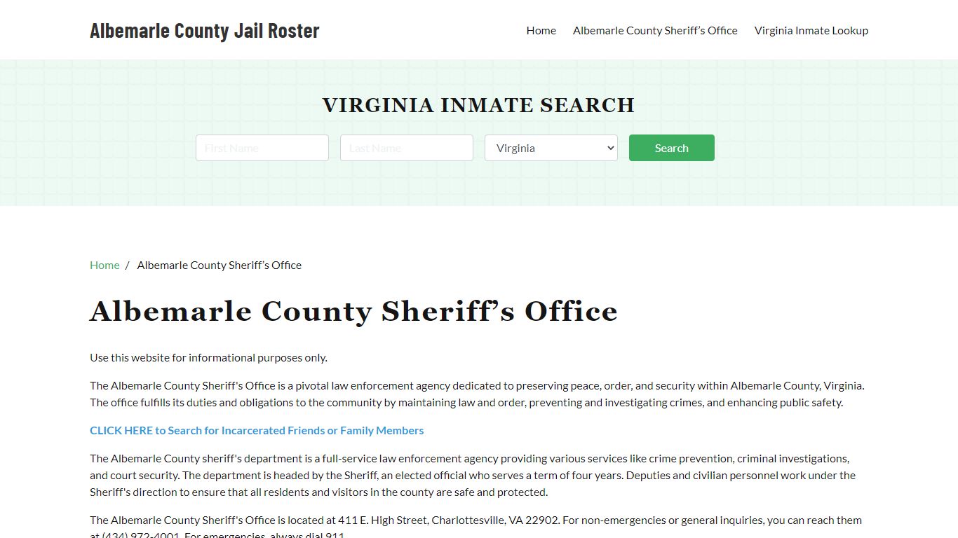 Albemarle County Sheriff Office, VA, Arrest Warrants Search